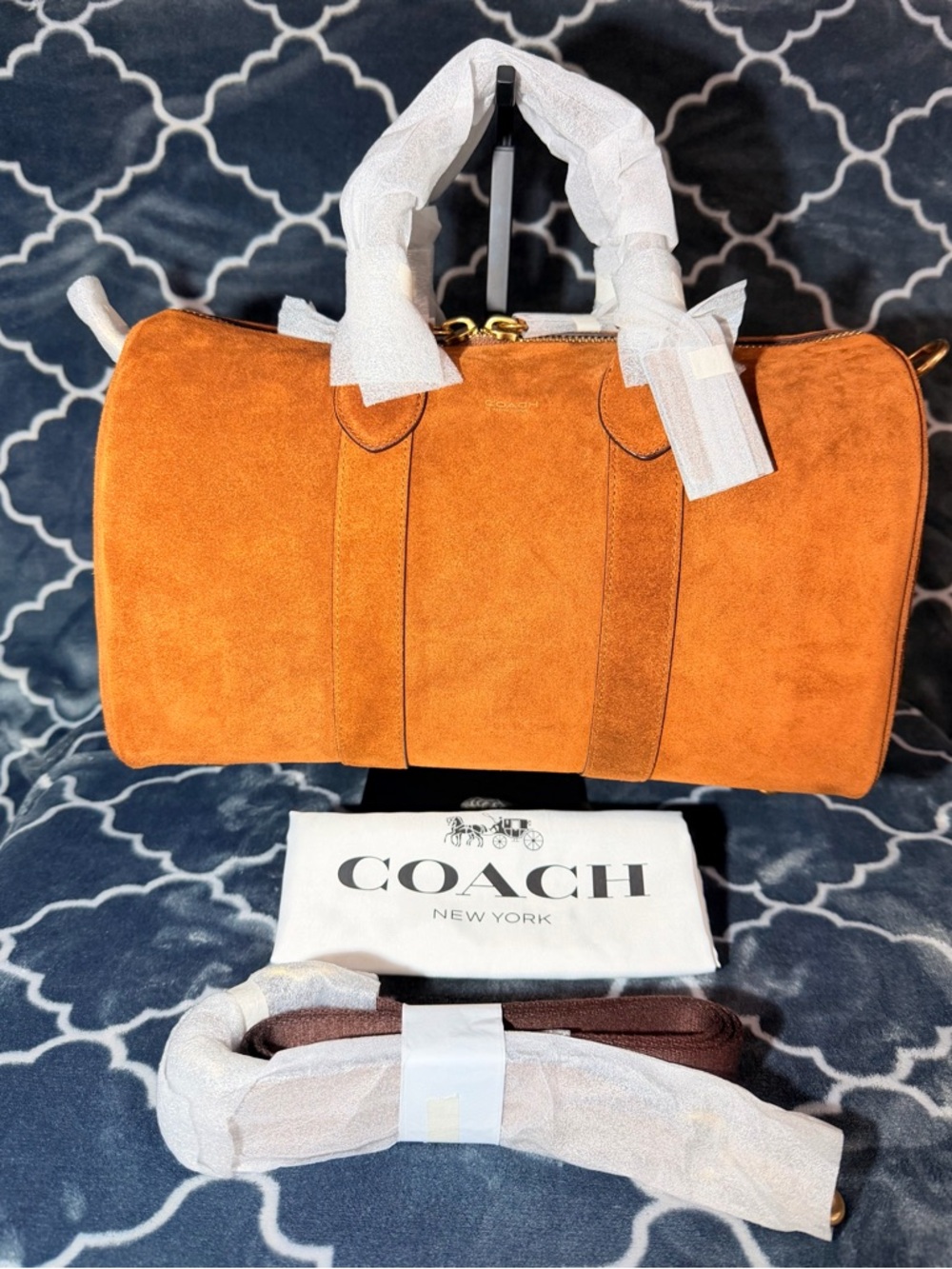 Coach Compass 35 suede bag with gold hardware. NWT